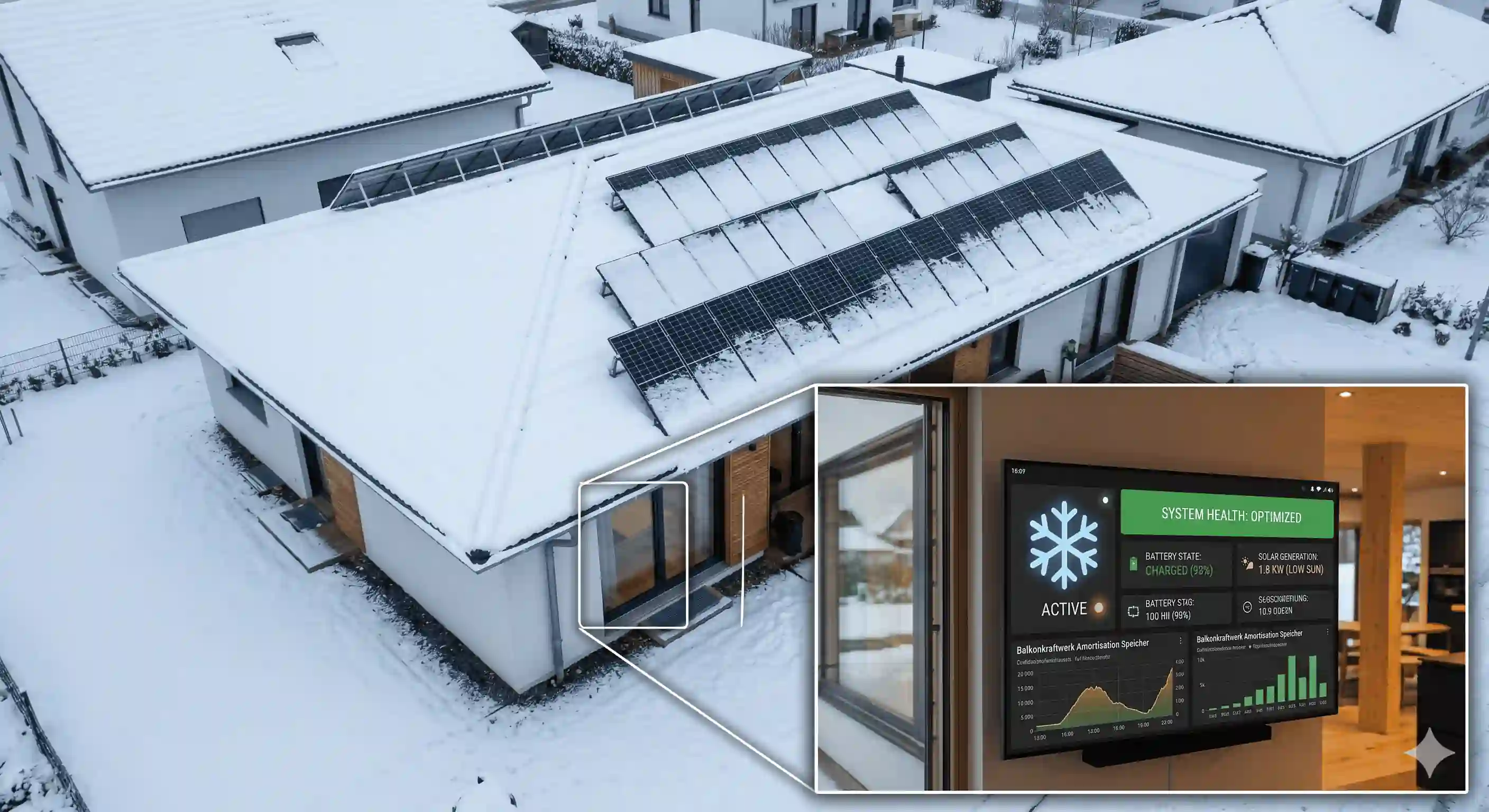 Balkonkraftwerk Batteriespeicher Winterbetrieb: Ein verschneites Hausdach mit Solarmodulen im steilen 60-Grad-Neigungswinkel und einer Anzeige zur Systemoptimierung im Winter.