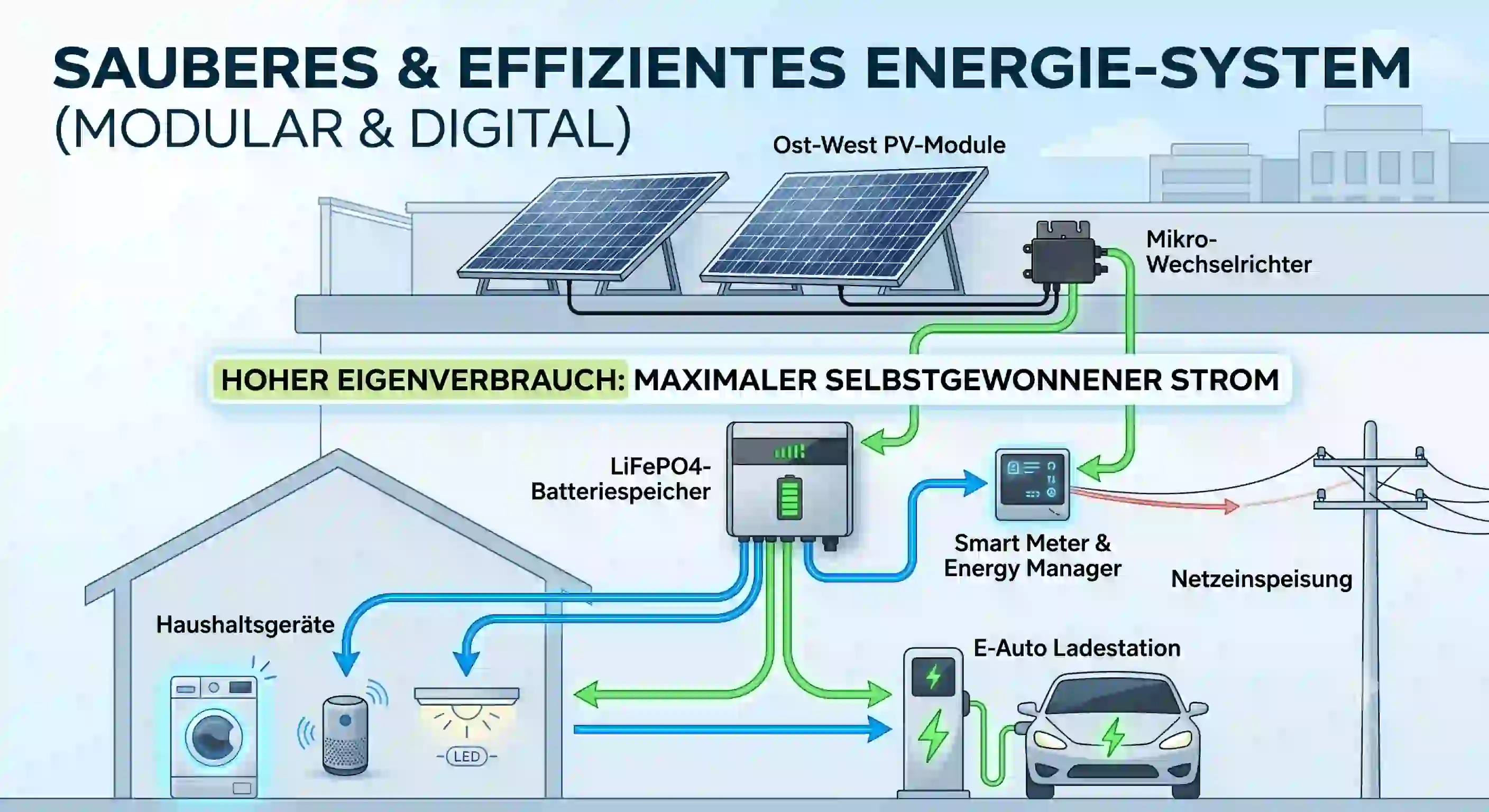 Schematische Systemübersicht eines Ost-West-Balkonkraftwerks mit Mikro-Wechselrichter, LiFePO4 Batteriespeicher und angeschlossenen Haushaltsgeräten